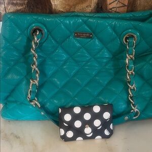kate spade Quilted Teal Tote with Chain-Link Strap dust bag & small coin